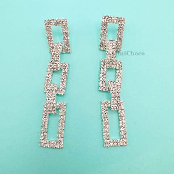 Silver Tone Rhinestone Rectangle Chain Link Earrings - Picture 3 of 10